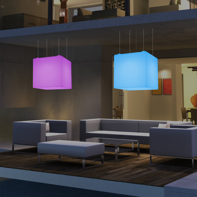 External Garden Suspension Light, Mains Powered LED Ceiling Lamp, 60cm Cube, Multi Colour
