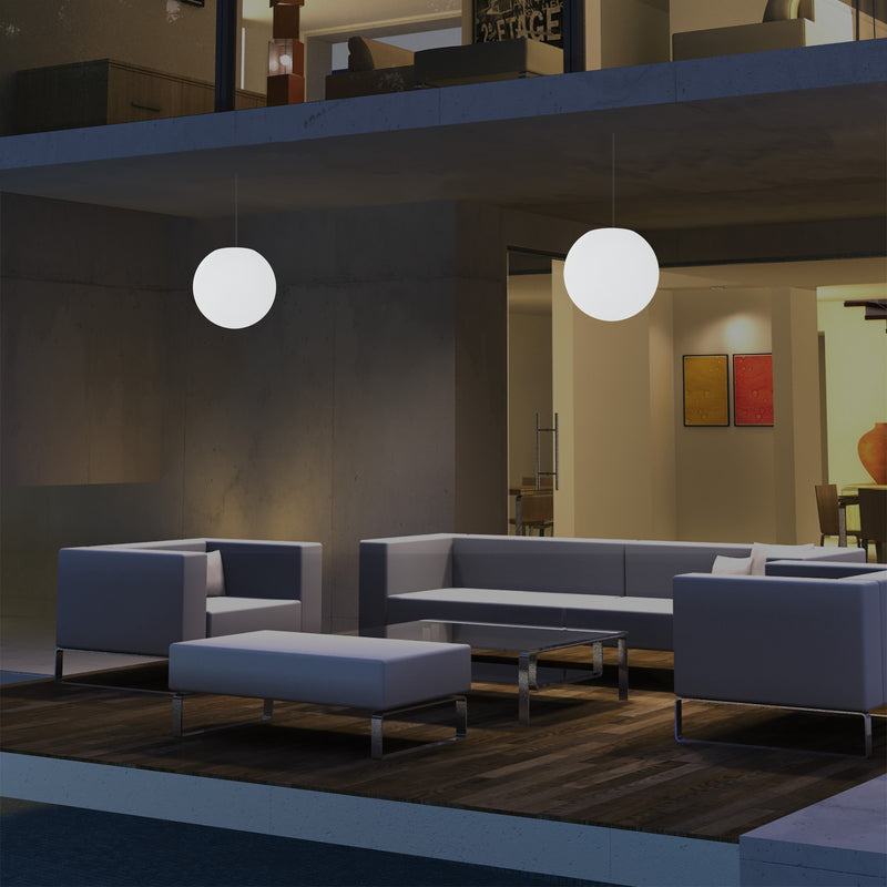 Mains Operated Outdoor Veranda Ceiling Light, 25cm LED Globe Hanging Lamp, Colour Changing