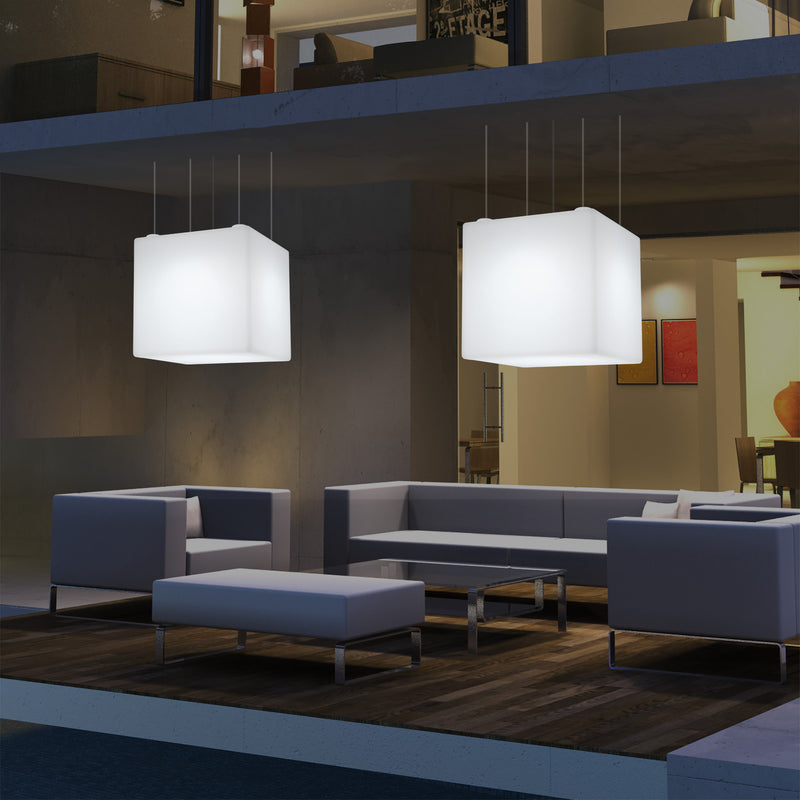 External Garden Suspension Light, Mains Powered LED Ceiling Lamp, 60cm Cube, Multi Colour