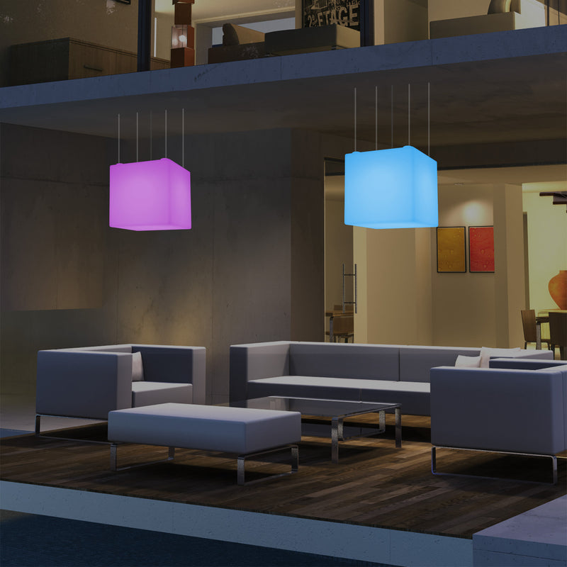 Outdoor Balcony LED Pendant Lamp, Mains Powered 40cm Cube Suspension Lamp, Multicolour