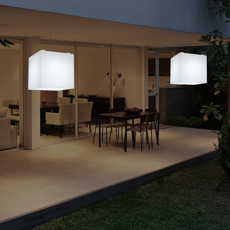 Outdoor Veranda Hanging Light, Mains Powered LED Ceiling Lamp, 30cm Cube, Colour Changing