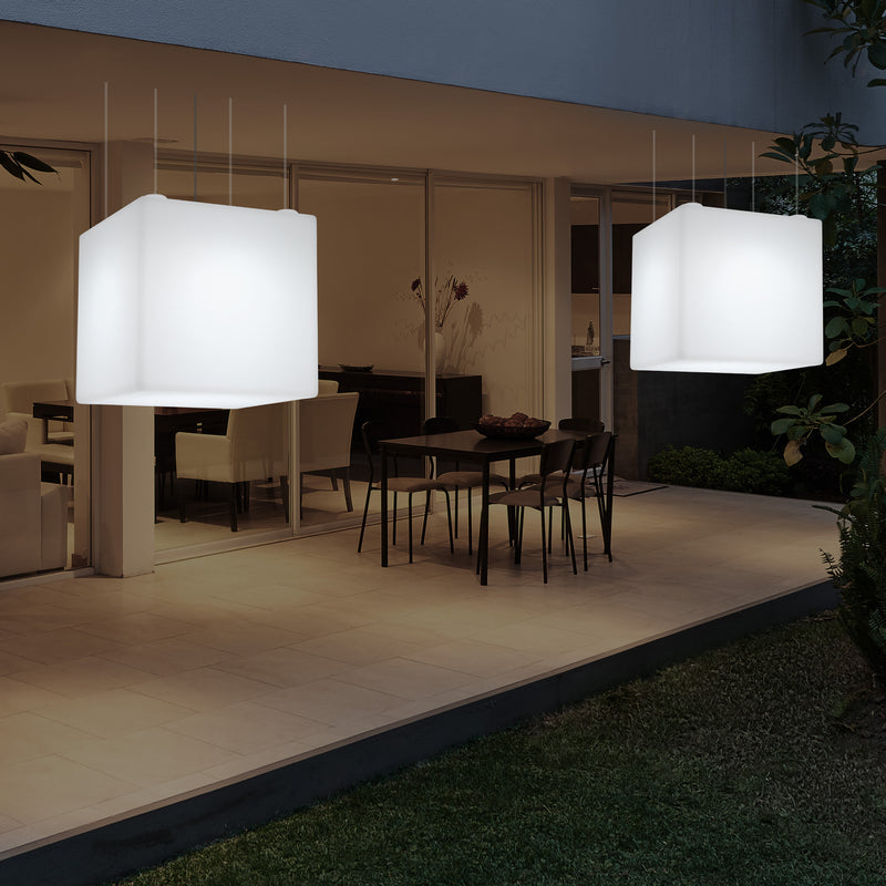 External Garden Suspension Light, Mains Powered LED Ceiling Lamp, 60cm Cube, Multi Colour