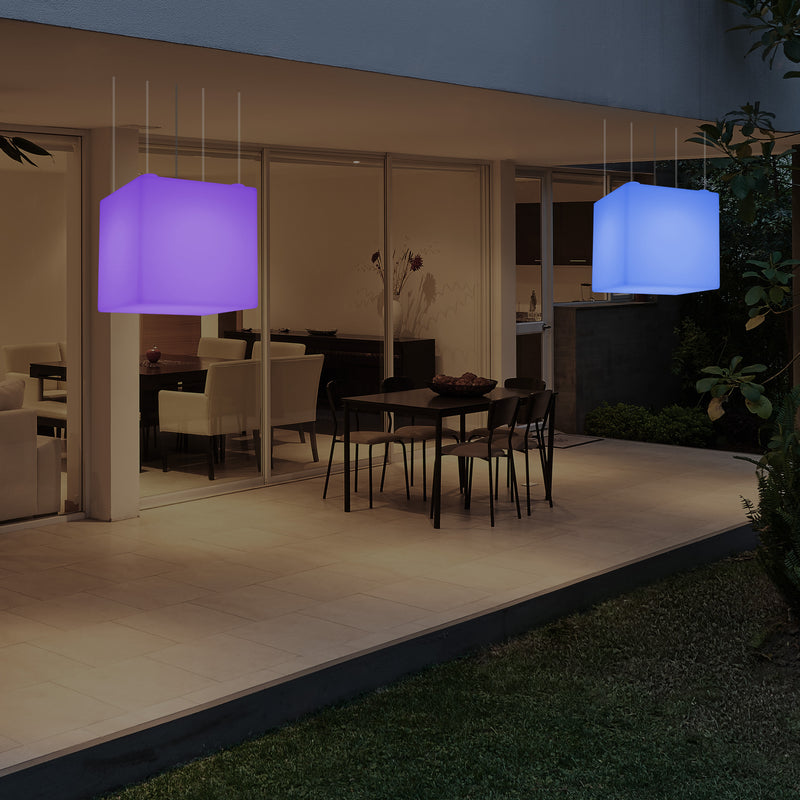 Outdoor Balcony LED Pendant Lamp, Mains Powered 40cm Cube Suspension Lamp, Multicolour