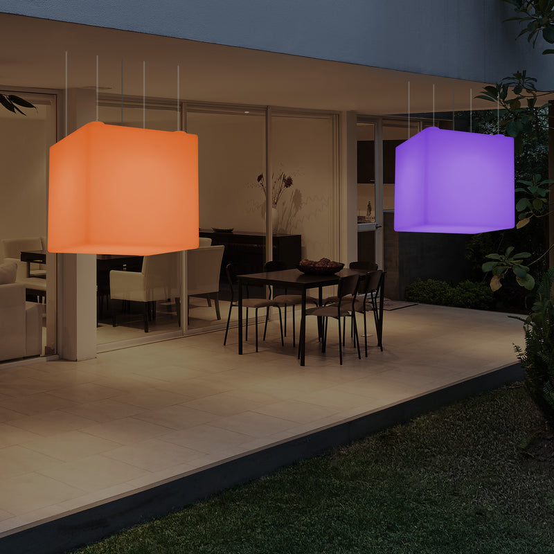 External Garden Suspension Light, Mains Powered LED Ceiling Lamp, 60cm Cube, Multi Colour