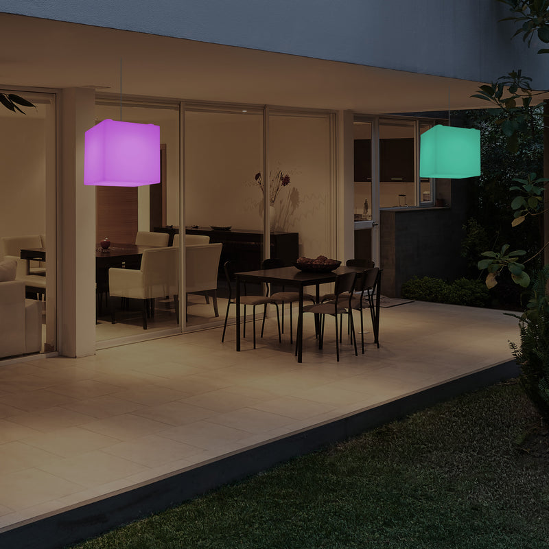 Mains Operated Garden Patio Ceiling Light, 20cm LED Cube Pendant Lamp, RGB