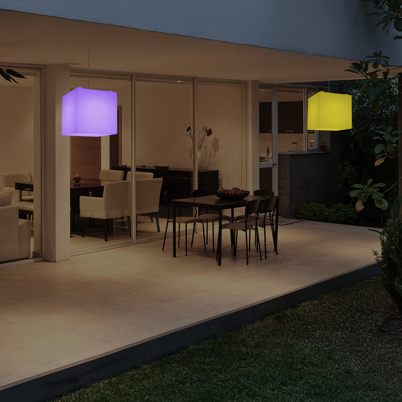 Outdoor Garden LED Hanging Lamp, Mains Powered 15cm Cube Suspension Lamp, Multi Colour
