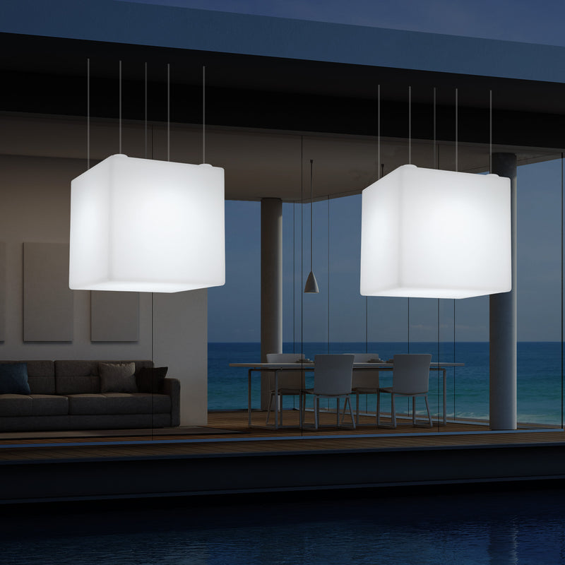 External Garden Suspension Light, Mains Powered LED Ceiling Lamp, 60cm Cube, Multi Colour