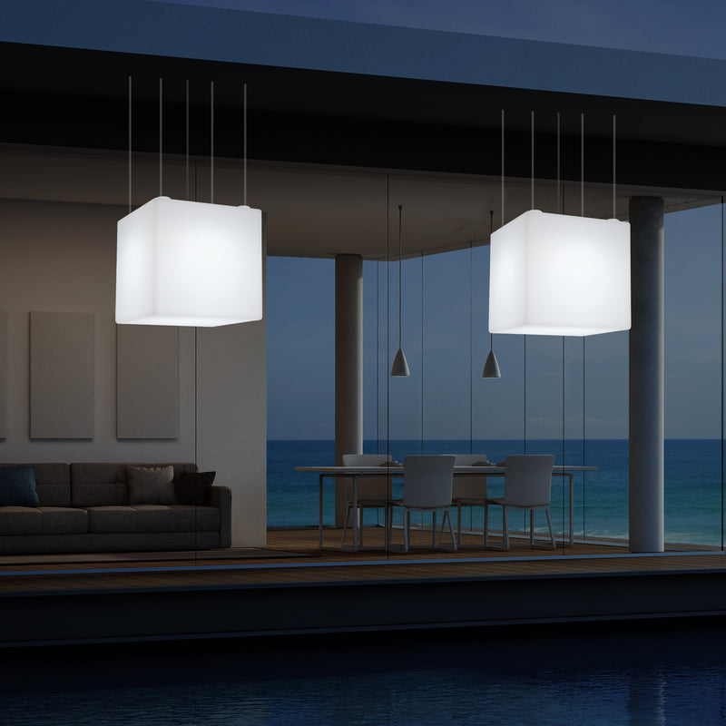 Outdoor Balcony LED Pendant Lamp, Mains Powered 40cm Cube Suspension Lamp, Multicolour