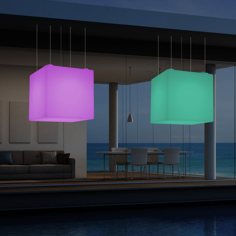 External Garden Suspension Light, Mains Powered LED Ceiling Lamp, 60cm Cube, Multi Colour