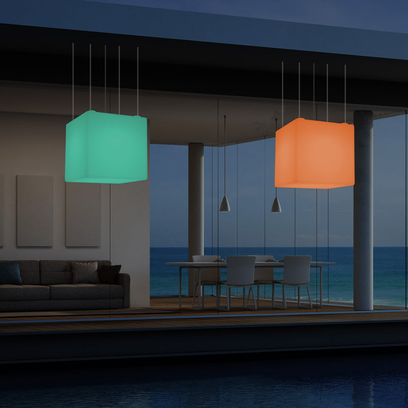 Outdoor Balcony LED Pendant Lamp, Mains Powered 40cm Cube Suspension Lamp, Multicolour