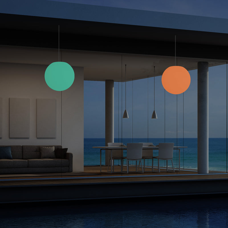 Mains Operated Outdoor Veranda Ceiling Light, 25cm LED Globe Hanging Lamp, Colour Changing