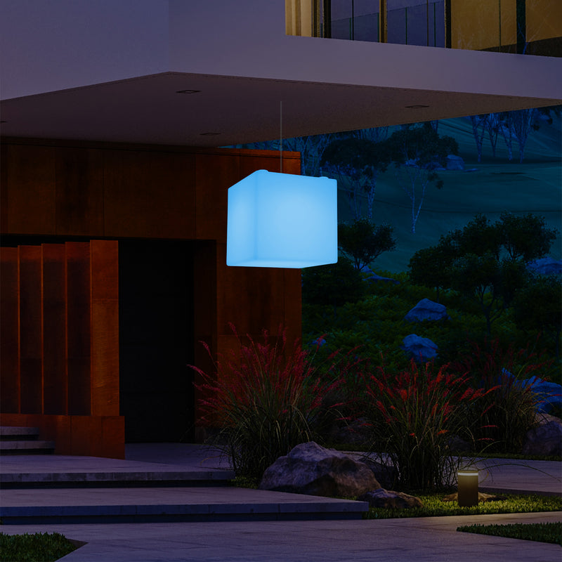 Outdoor Veranda Hanging Light, Mains Powered LED Ceiling Lamp, 30cm Cube, Colour Changing