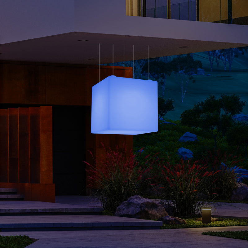 External Garden Suspension Light, Mains Powered LED Ceiling Lamp, 60cm Cube, Multi Colour