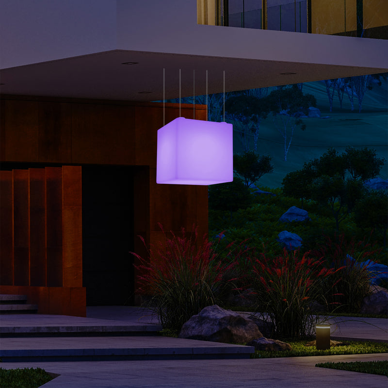 Outdoor Balcony LED Pendant Lamp, Mains Powered 40cm Cube Suspension Lamp, Multicolour