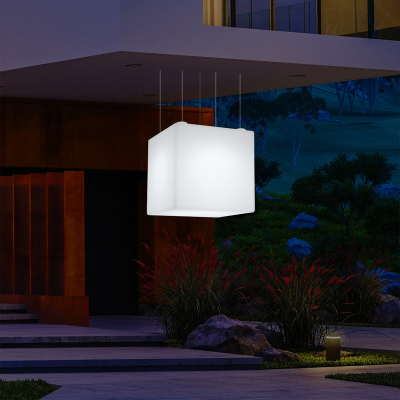 External Garden Suspension Light, Mains Powered LED Ceiling Lamp, 60cm Cube, Multi Colour