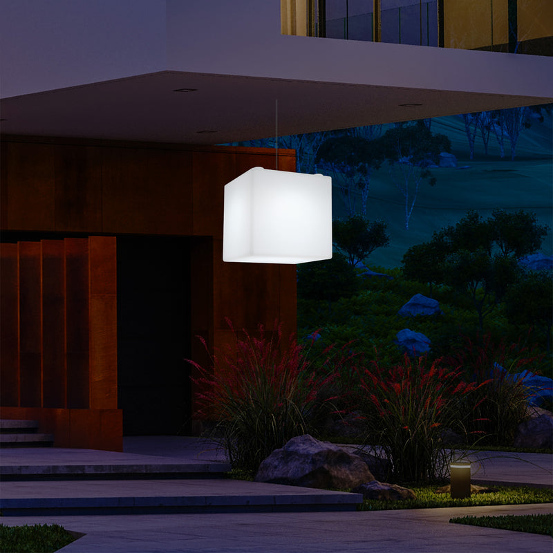 Outdoor Veranda Hanging Light, Mains Powered LED Ceiling Lamp, 30cm Cube, Colour Changing
