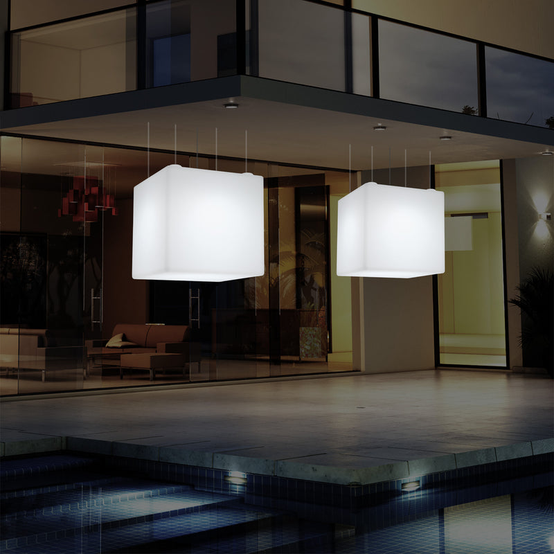 External Garden Suspension Light, Mains Powered LED Ceiling Lamp, 60cm Cube, Multi Colour