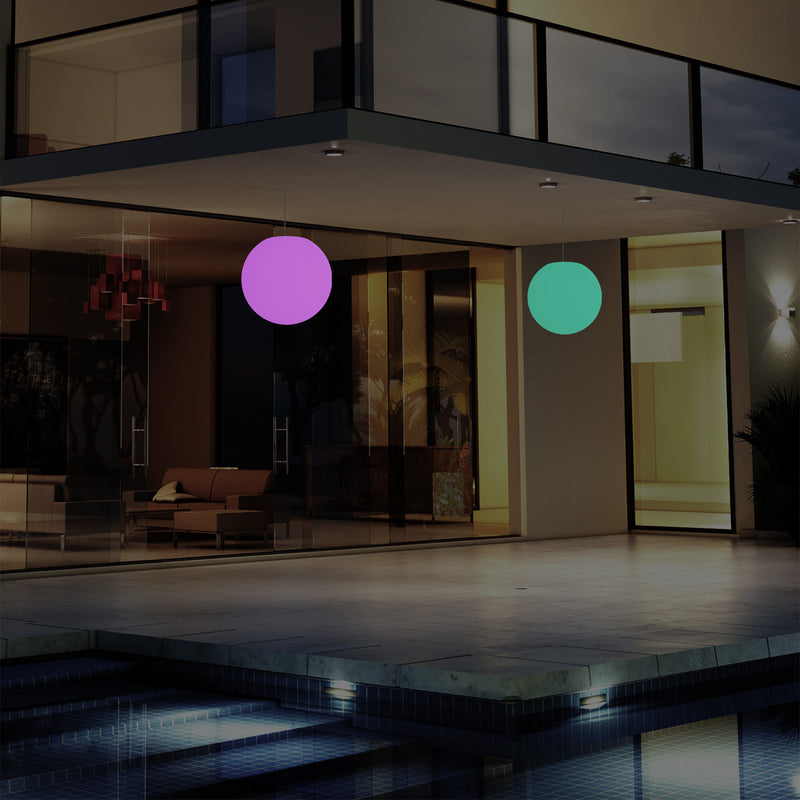 Mains Operated Outdoor Veranda Ceiling Light, 25cm LED Globe Hanging Lamp, Colour Changing