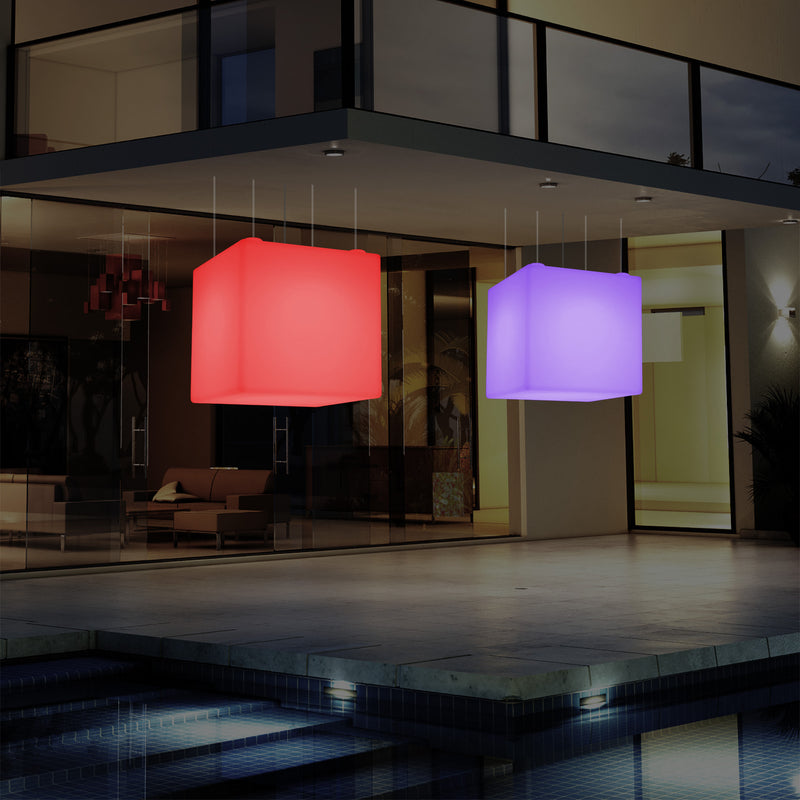 External Garden Suspension Light, Mains Powered LED Ceiling Lamp, 60cm Cube, Multi Colour