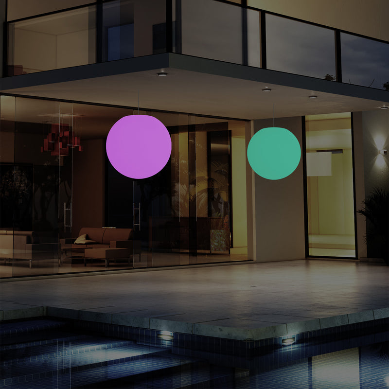 External Balcony Suspension Light, Mains Powered LED Ceiling Lamp, 30cm Orb, Multicolour