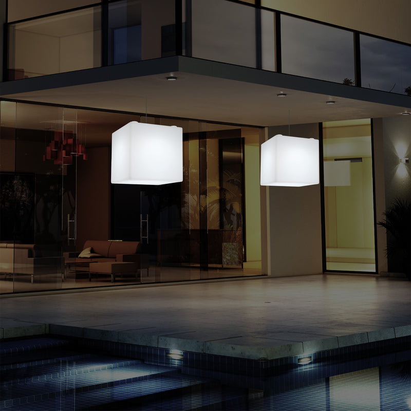 Outdoor Veranda Hanging Light, Mains Powered LED Ceiling Lamp, 30cm Cube, Colour Changing