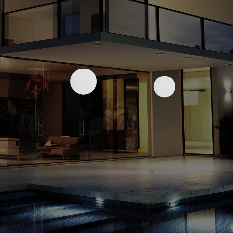 Mains Operated Outdoor Veranda Ceiling Light, 25cm LED Globe Hanging Lamp, Colour Changing