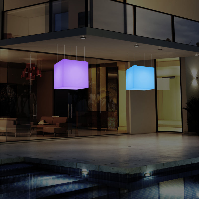 Outdoor Balcony LED Pendant Lamp, Mains Powered 40cm Cube Suspension Lamp, Multicolour