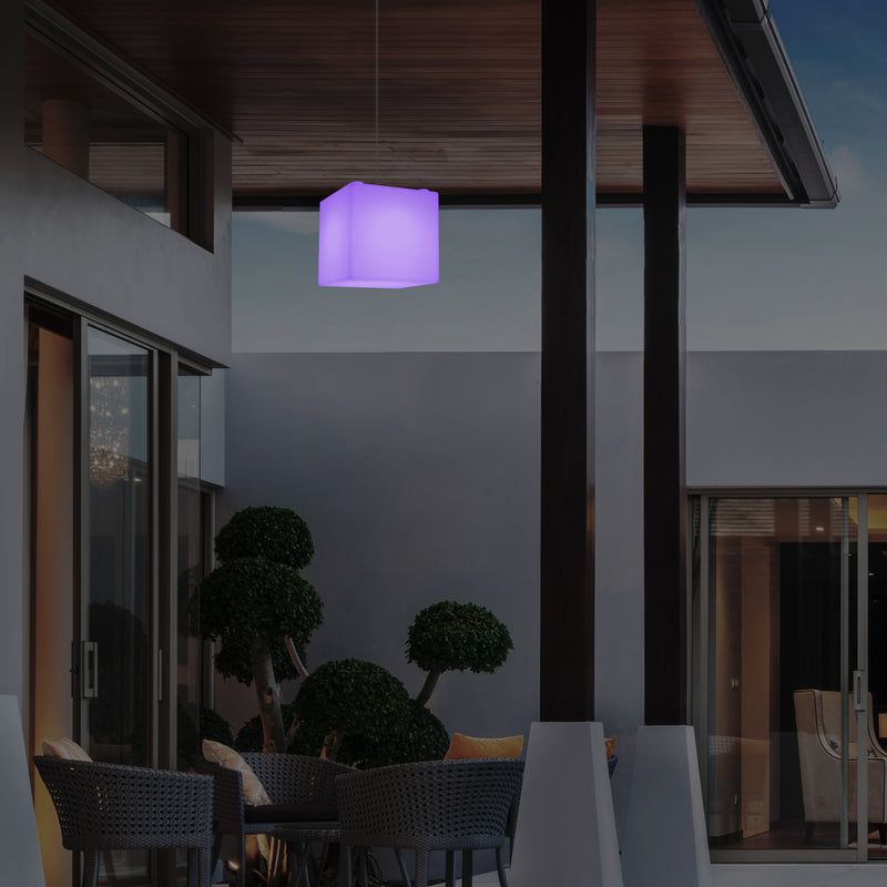 Outdoor Garden LED Hanging Lamp, Mains Powered 15cm Cube Suspension Lamp, Multi Colour