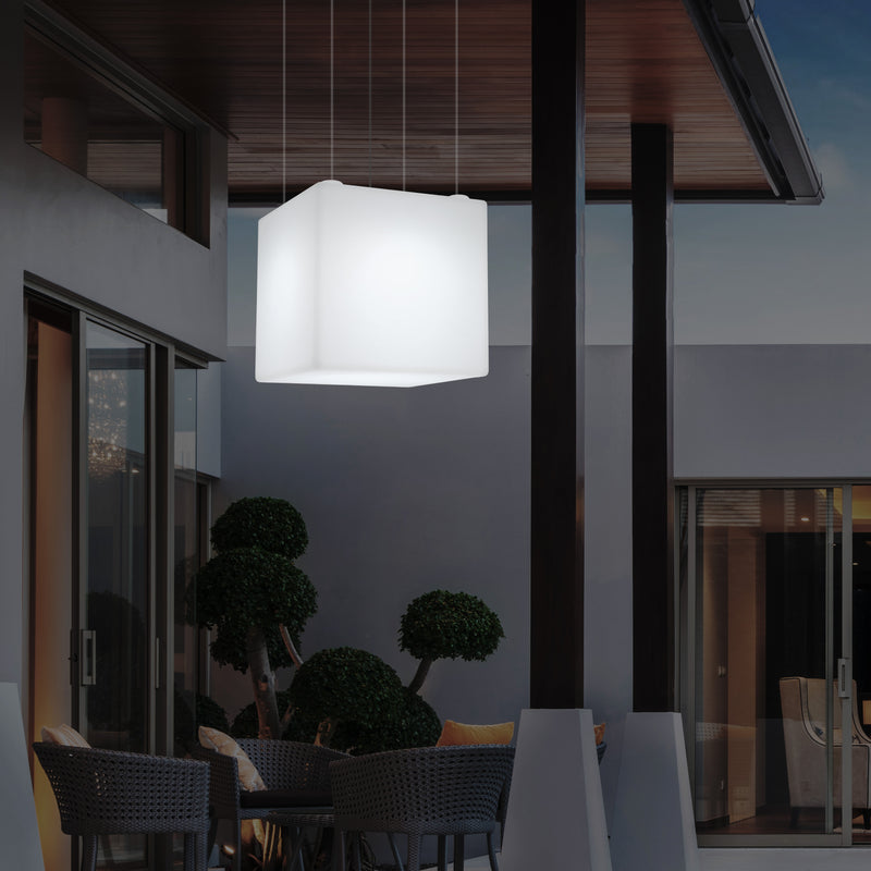 External Garden Suspension Light, Mains Powered LED Ceiling Lamp, 60cm Cube, Multi Colour