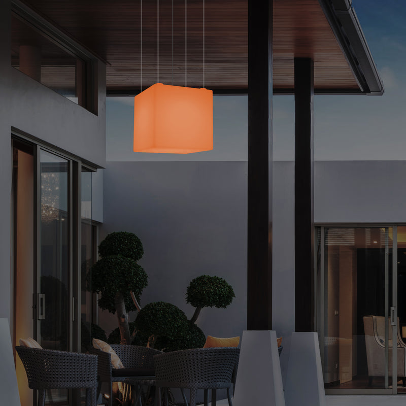 Outdoor Balcony LED Pendant Lamp, Mains Powered 40cm Cube Suspension Lamp, Multicolour