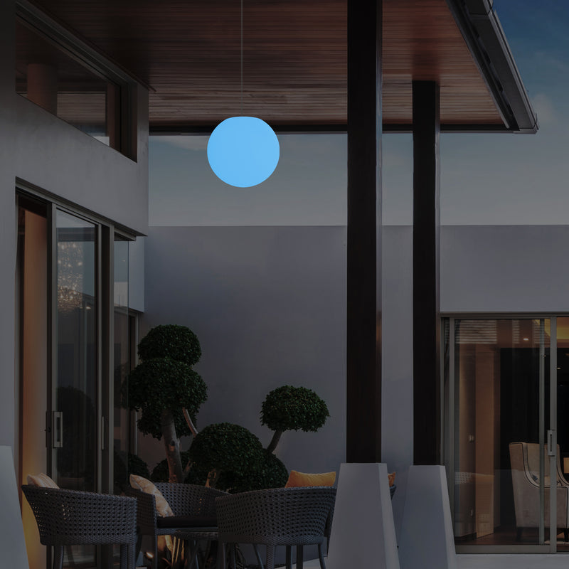 Mains Operated Outdoor Veranda Ceiling Light, 25cm LED Globe Hanging Lamp, Colour Changing