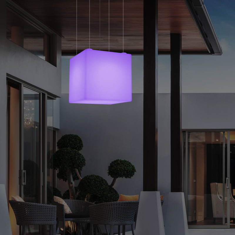 External Garden Suspension Light, Mains Powered LED Ceiling Lamp, 60cm Cube, Multi Colour