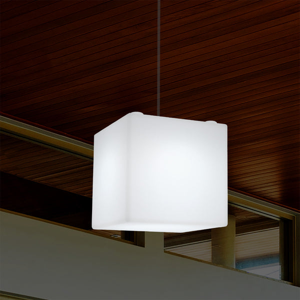 Mains Operated Garden Patio Ceiling Light, 20cm LED Cube Pendant Lamp, RGB