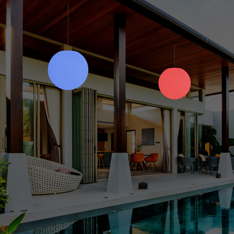 External Balcony Suspension Light, Mains Powered LED Ceiling Lamp, 30cm Orb, Multicolour