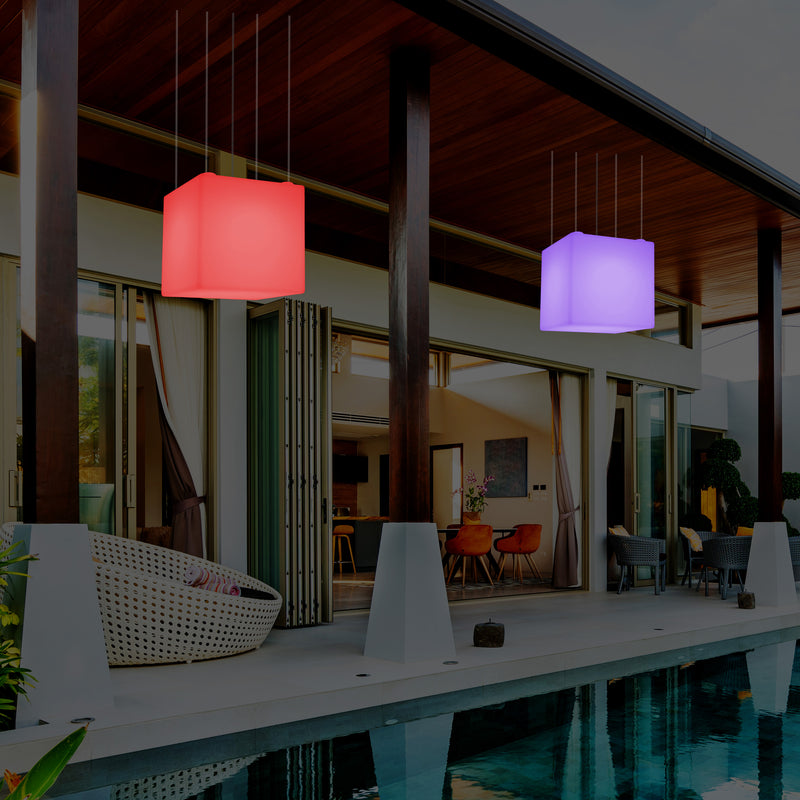 Outdoor Balcony LED Pendant Lamp, Mains Powered 40cm Cube Suspension Lamp, Multicolour