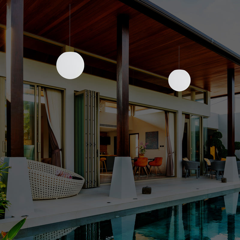 Mains Operated Outdoor Veranda Ceiling Light, 25cm LED Globe Hanging Lamp, Colour Changing
