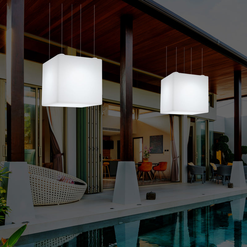 External Garden Suspension Light, Mains Powered LED Ceiling Lamp, 60cm Cube, Multi Colour