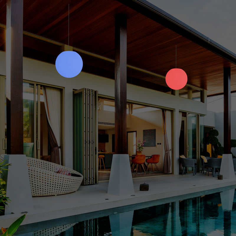 Mains Operated Outdoor Veranda Ceiling Light, 25cm LED Globe Hanging Lamp, Colour Changing