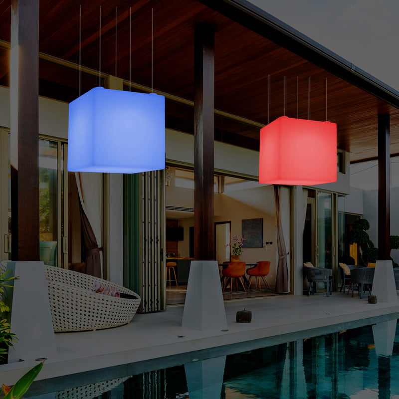 External Garden Suspension Light, Mains Powered LED Ceiling Lamp, 60cm Cube, Multi Colour