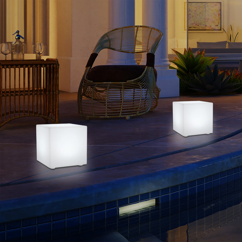 Outdoor LED Garden Patio Table Lamp, Mains Powered RGB Cube Light, 5V Low Voltage, 15cm