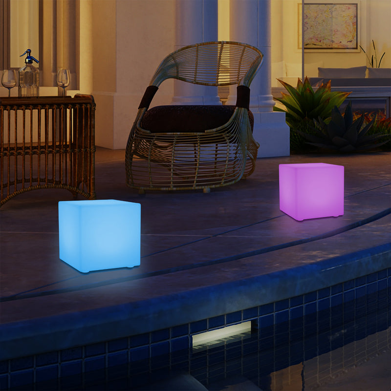 Outdoor LED Garden Patio Table Lamp, Mains Powered RGB Cube Light, 5V Low Voltage, 15cm