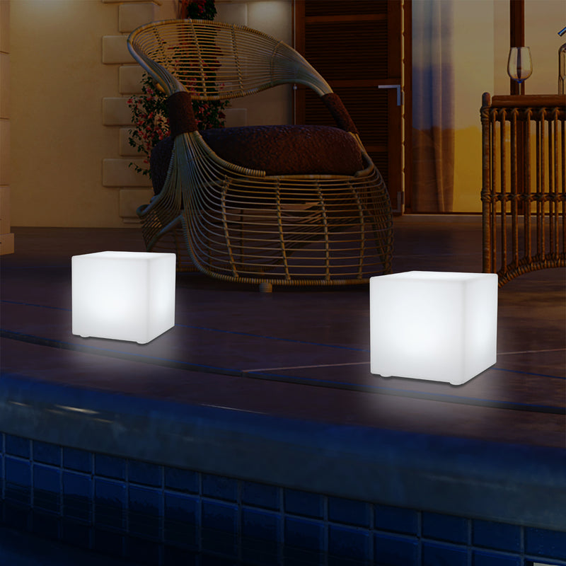 Outdoor LED Garden Patio Table Lamp, Mains Powered RGB Cube Light, 5V Low Voltage, 15cm