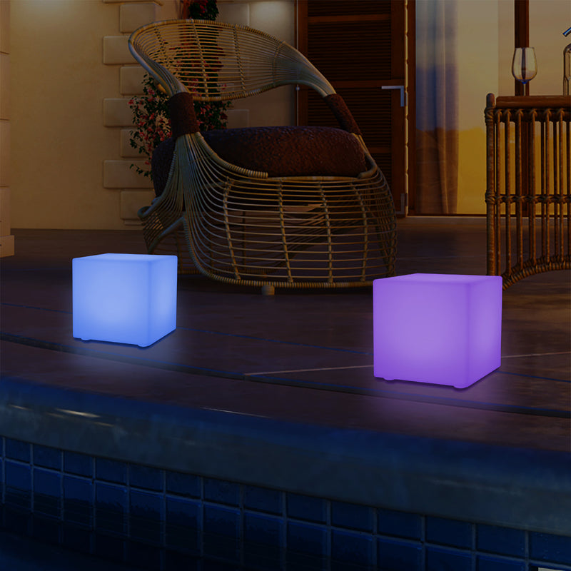 Outdoor LED Garden Patio Table Lamp, Mains Powered RGB Cube Light, 5V Low Voltage, 15cm