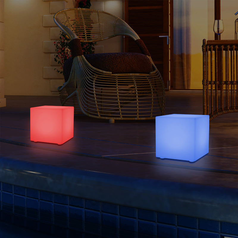 Outdoor LED Garden Patio Table Lamp, Mains Powered RGB Cube Light, 5V Low Voltage, 15cm