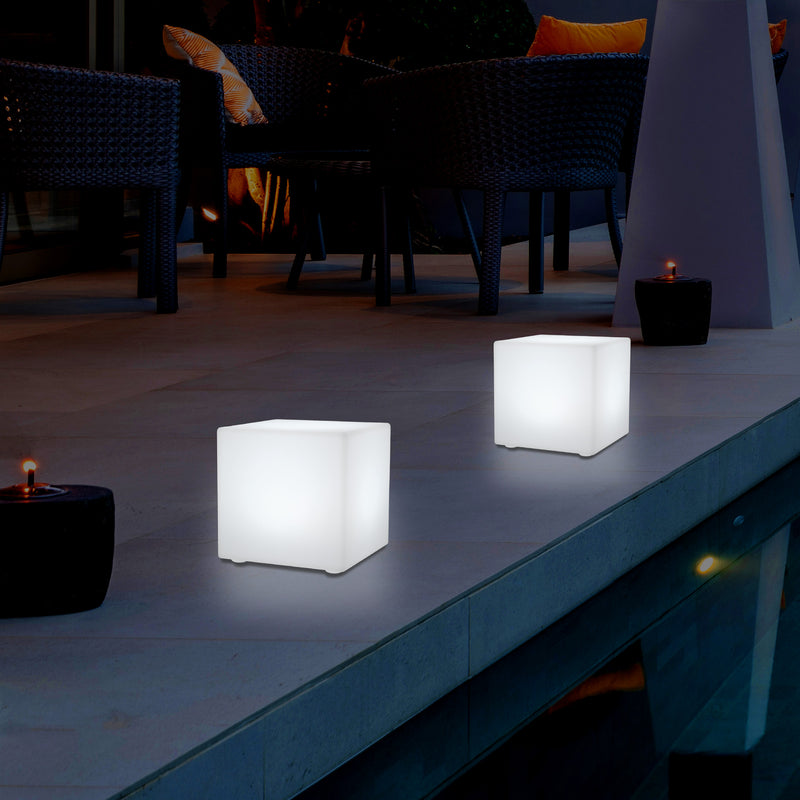 Outdoor LED Garden Patio Table Lamp, Mains Powered RGB Cube Light, 5V Low Voltage, 15cm