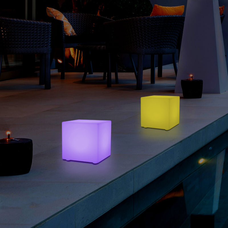 Outdoor LED Garden Patio Table Lamp, Mains Powered RGB Cube Light, 5V Low Voltage, 15cm