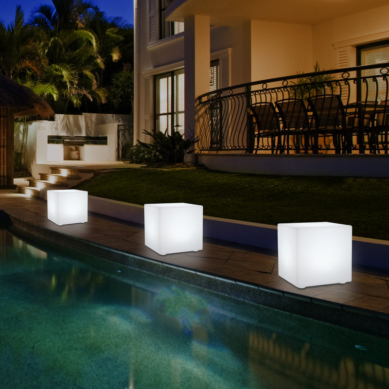 Outdoor LED Garden Patio Table Lamp, Mains Powered RGB Cube Light, 5V Low Voltage, 15cm