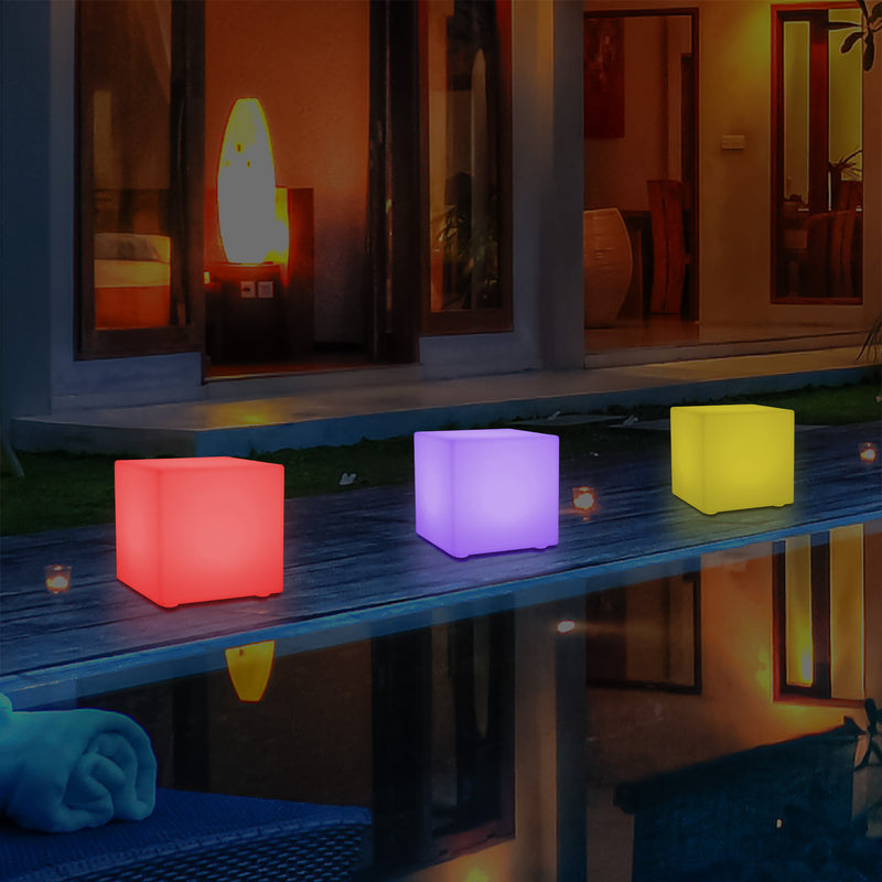 Outdoor LED Garden Patio Table Lamp, Mains Powered RGB Cube Light, 5V Low Voltage, 15cm