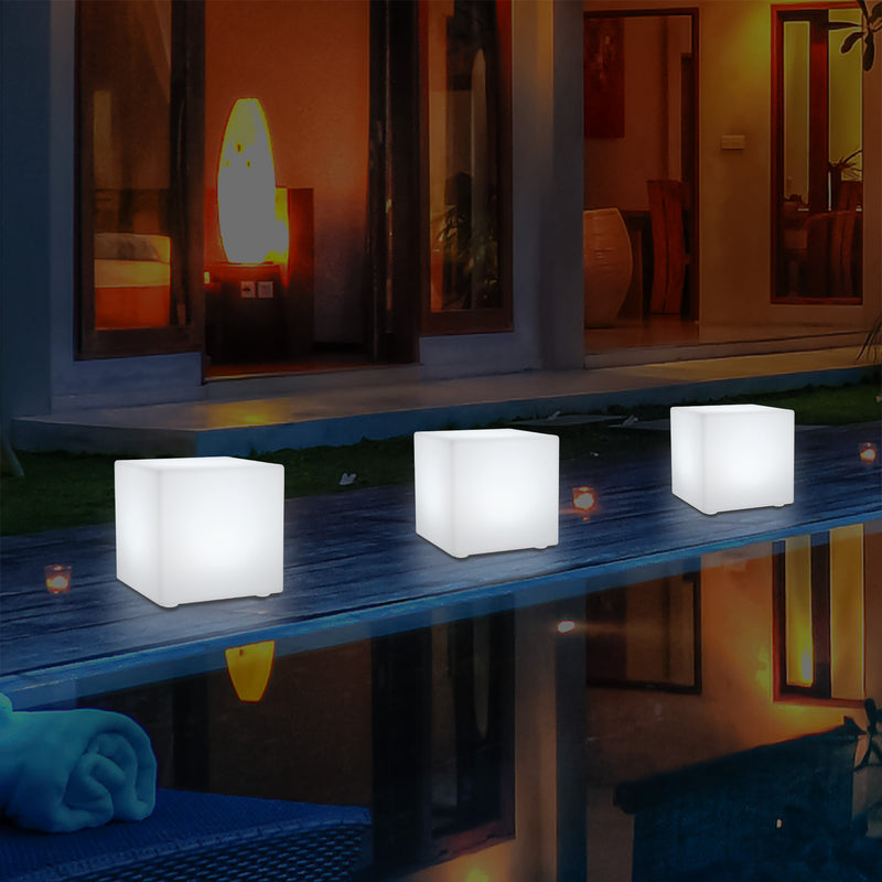 Outdoor LED Garden Patio Table Lamp, Mains Powered RGB Cube Light, 5V Low Voltage, 15cm