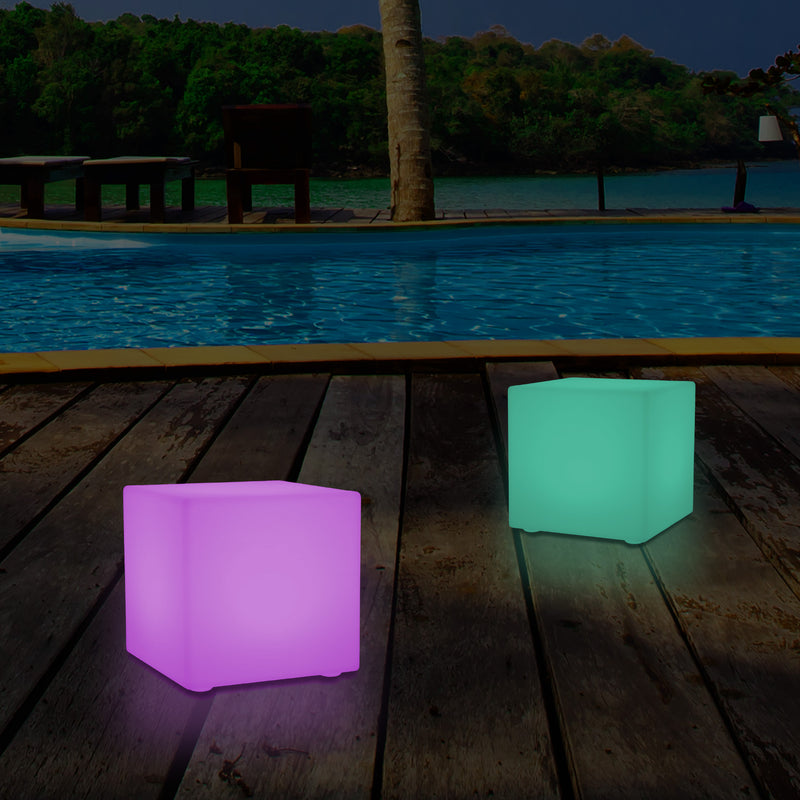 Outdoor LED Garden Patio Table Lamp, Mains Powered RGB Cube Light, 5V Low Voltage, 15cm